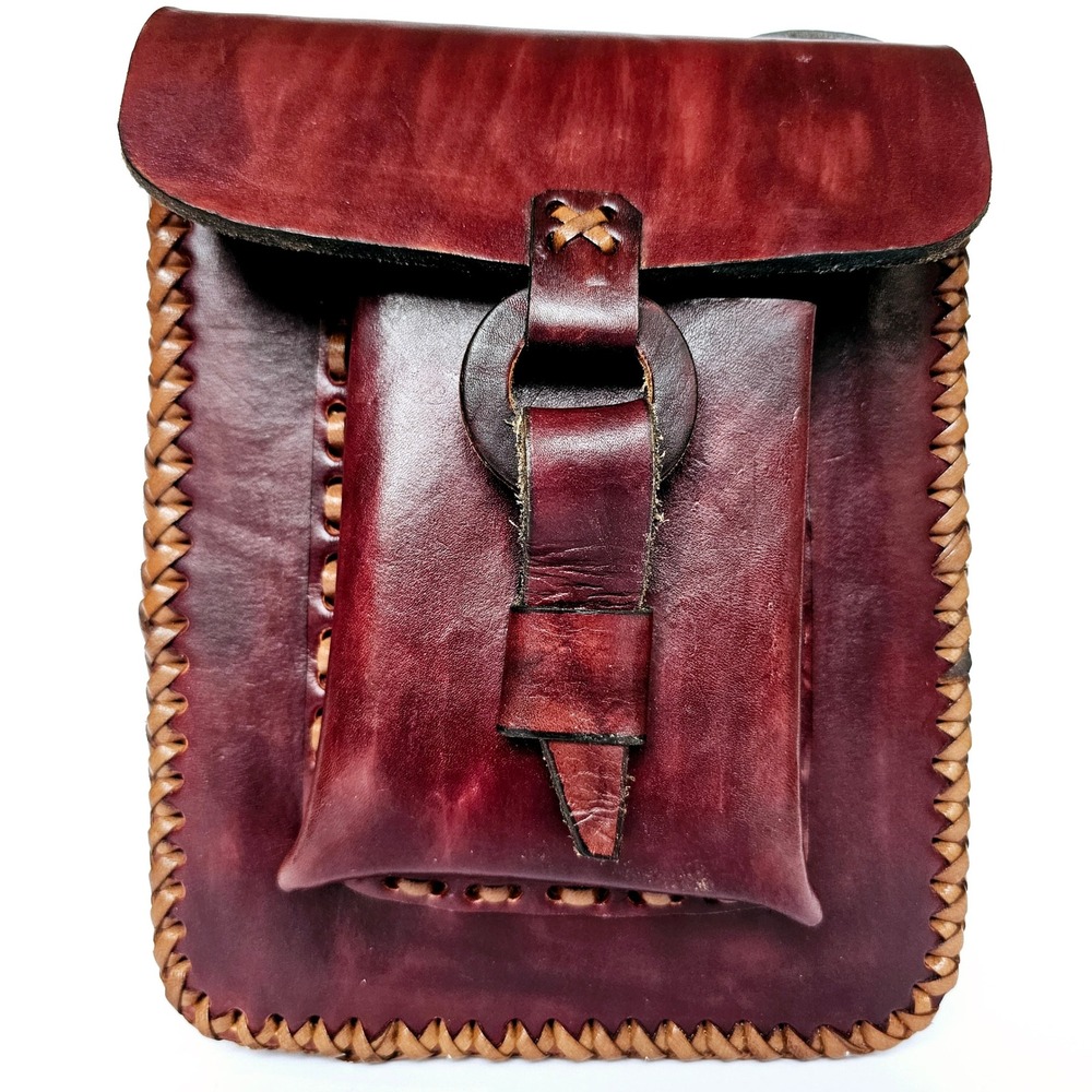 Vintage Handmade Leather Crossbody Bag Burgundy Whipstitch Boho Western Pouch